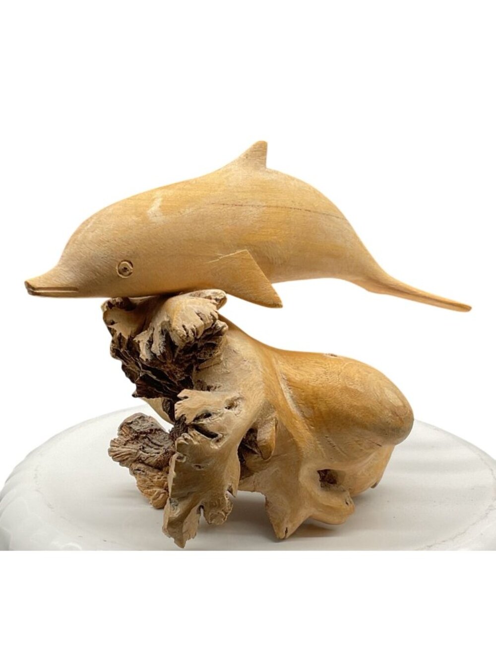 Hand-Carved Burl Wood Dolphin Figurine Sculpture Rustic Sea Life Decor 5" x 4"
